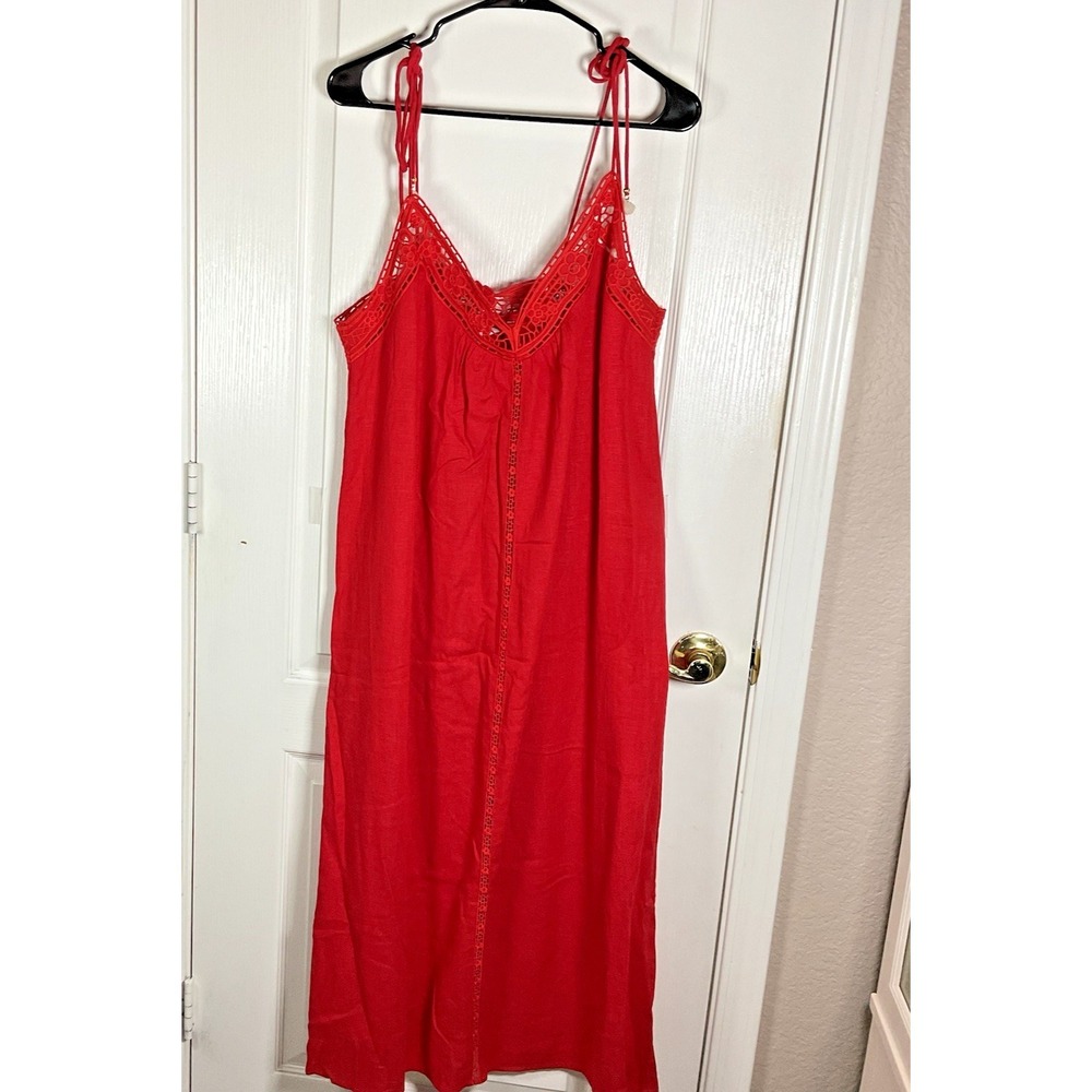 H&M Women's Red Linen Blend Sundress Medium Applique Detail Tassel Straps Light